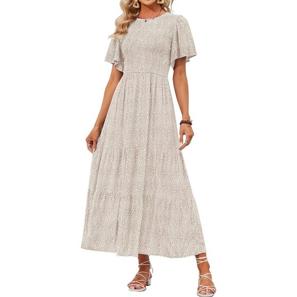 Women's Cream Summer Casual Floral Print Short Flutter Sleeve Flowy Maxi Dress